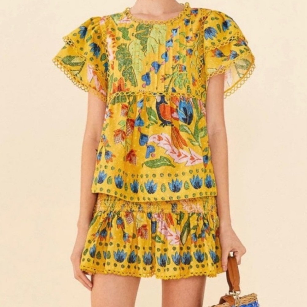 EUC! Farm Rio Set Summer Garden Yellow Women's Top and Skirt Size SMALL